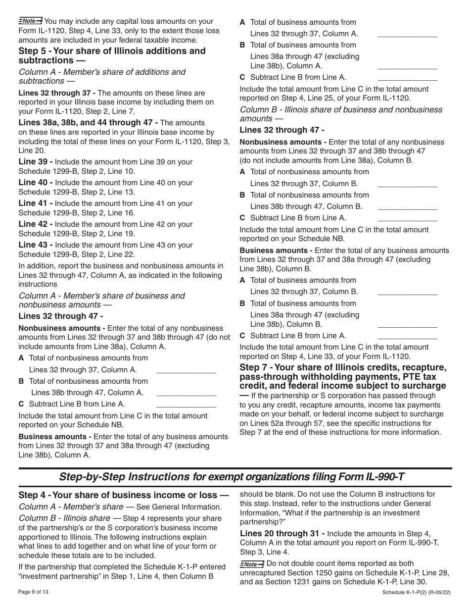 Instructions for Schedule K-1-P(2) Partners or Shareholders Share of Income, Deductions, Credits, and Recapture - Illinois, Page 9