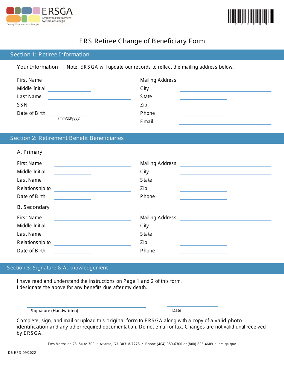 Form D6-ERS Ers Retiree Change of Beneficiary Form - Georgia (United States), Page 3