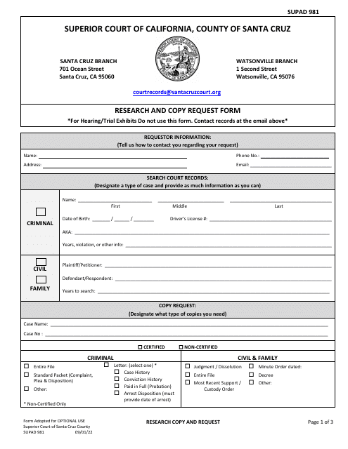Form SUPAD981 Research and Copy Request Form - County of Santa Cruz, California