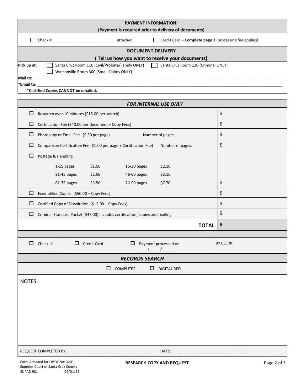 Form SUPAD981 Research and Copy Request Form - County of Santa Cruz, California, Page 2