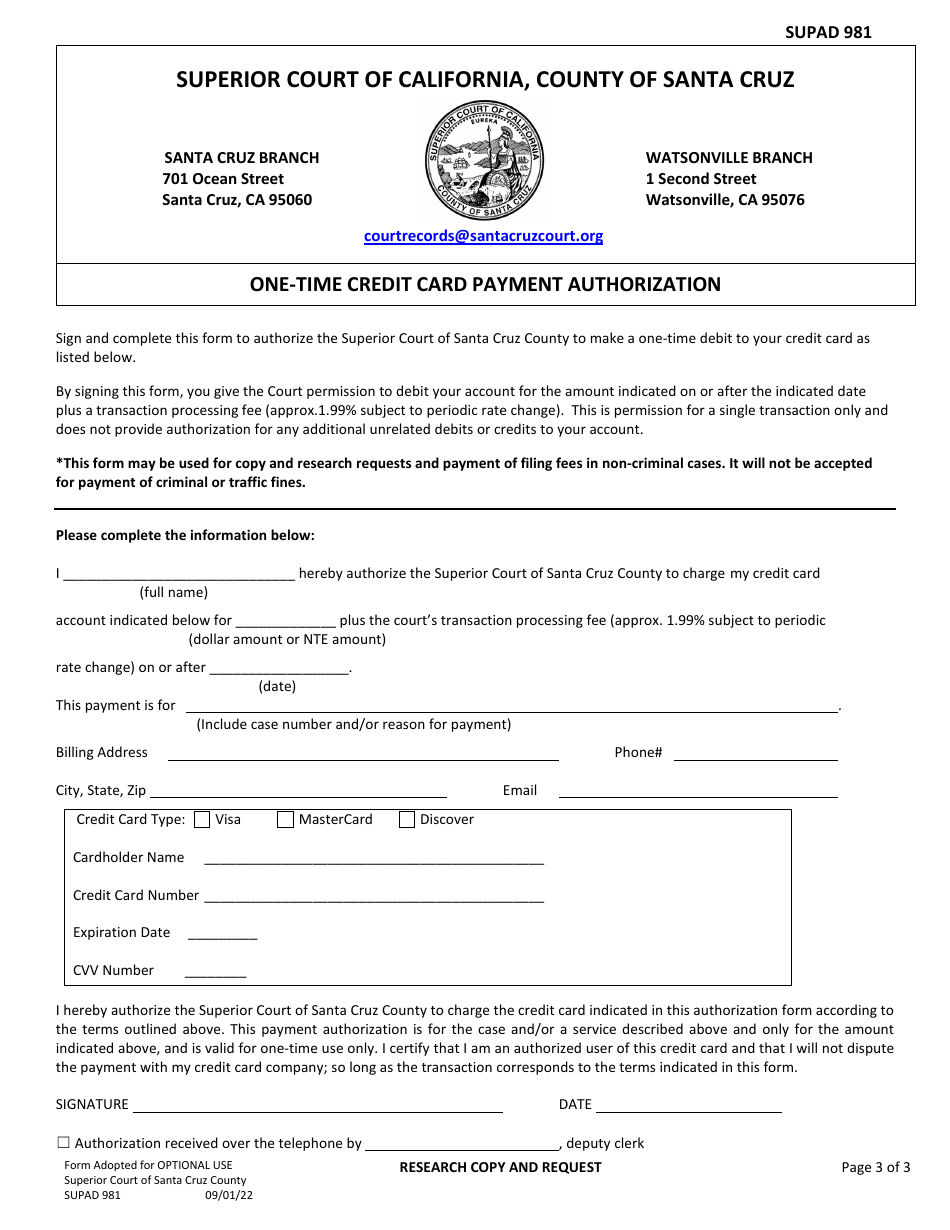 Form SUPAD981 Research and Copy Request Form - County of Santa Cruz, California, Page 3