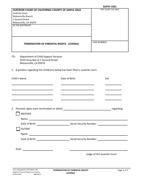 Form SUPJV1031 Termination of Parental Rights - Juvenile - County of Santa Cruz, California