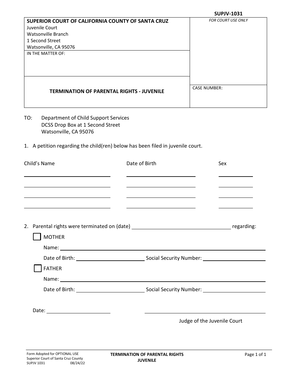 Form SUPJV1031 Termination of Parental Rights - Juvenile - County of Santa Cruz, California, Page 1