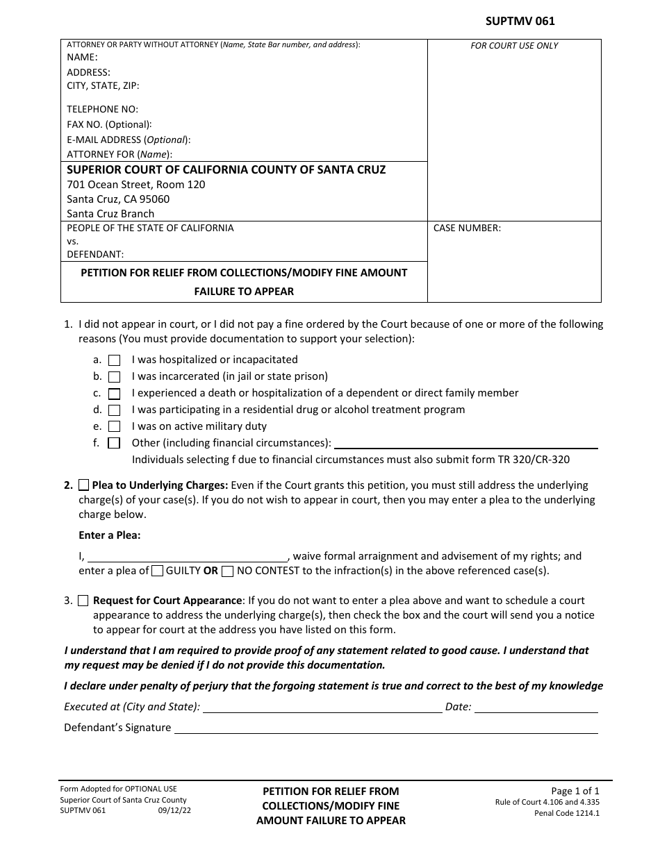 Form SUPTMV061 Petition for Relief From Collections / Modify Fine Amount Failure to Appear - County of Santa Cruz, California, Page 1
