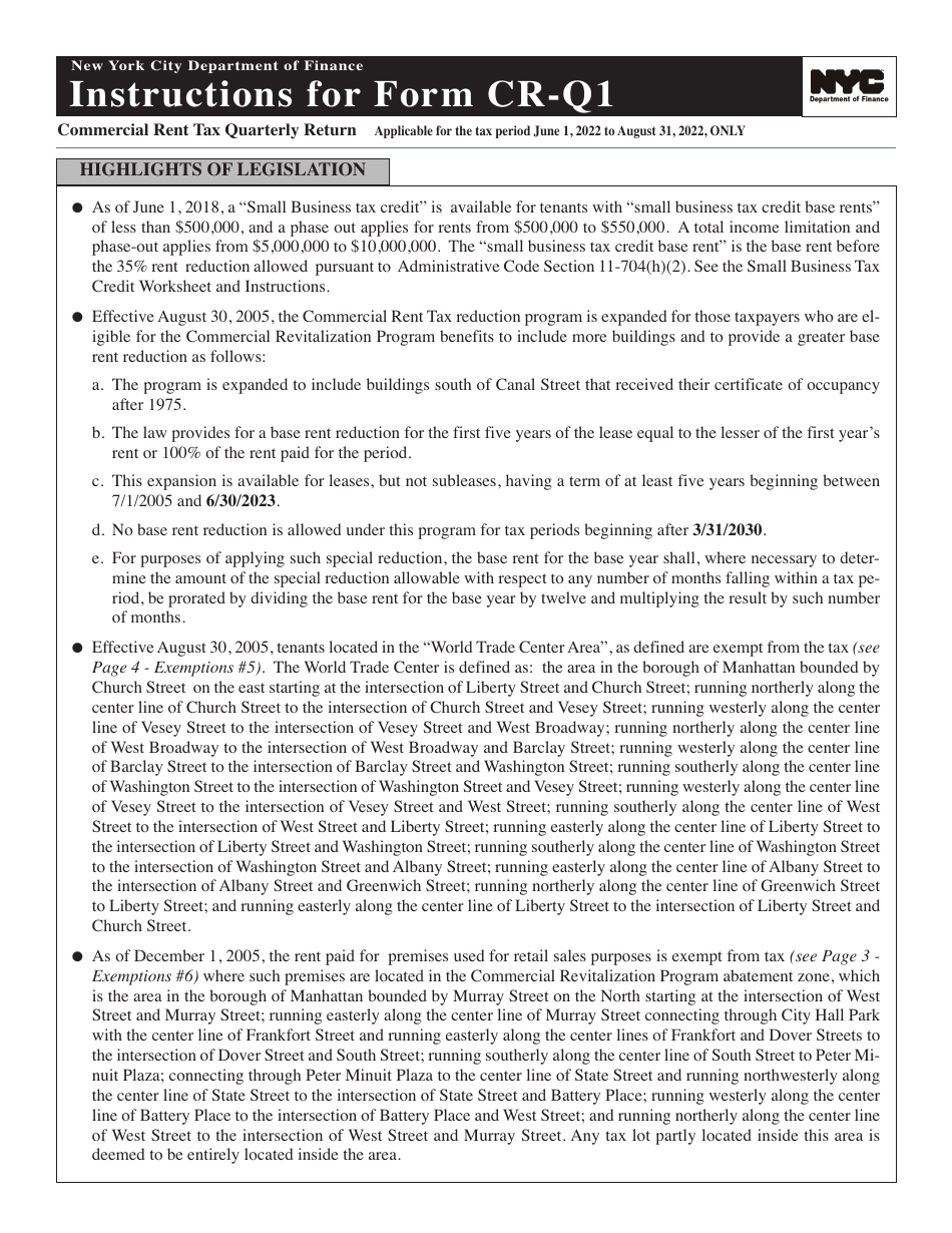 Instructions for Form CR-Q1 Commercial Rent Tax Return - 1st Quarter Return - New York City, Page 1