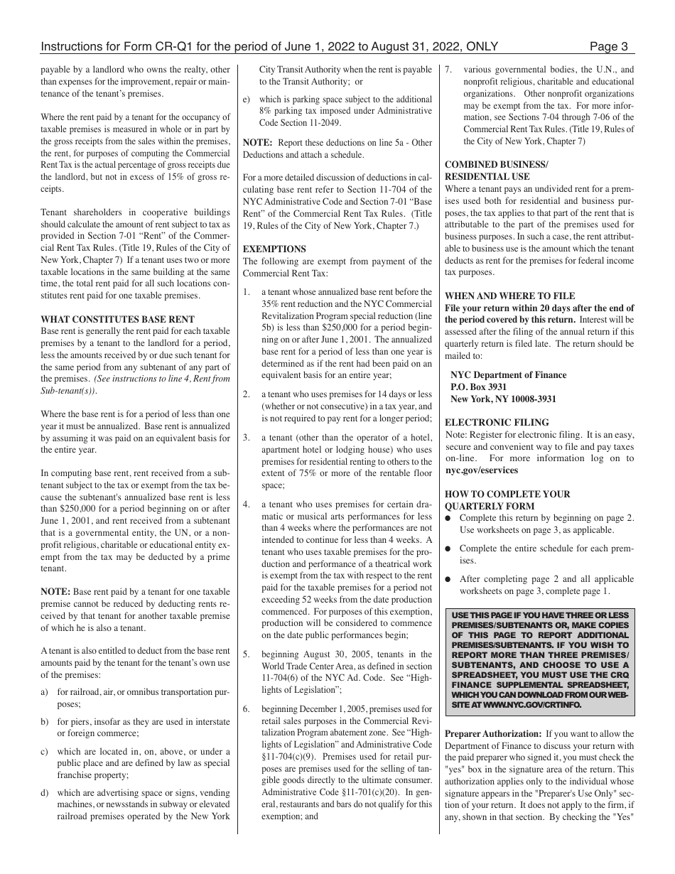 Instructions for Form CR-Q1 Commercial Rent Tax Return - 1st Quarter Return - New York City, Page 3