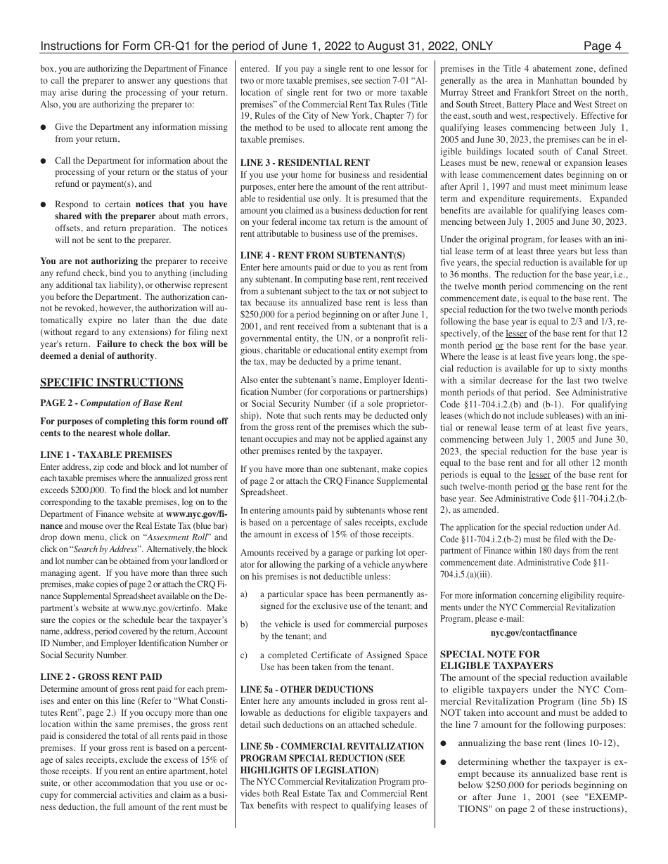 Instructions for Form CR-Q1 Commercial Rent Tax Return - 1st Quarter Return - New York City, Page 4