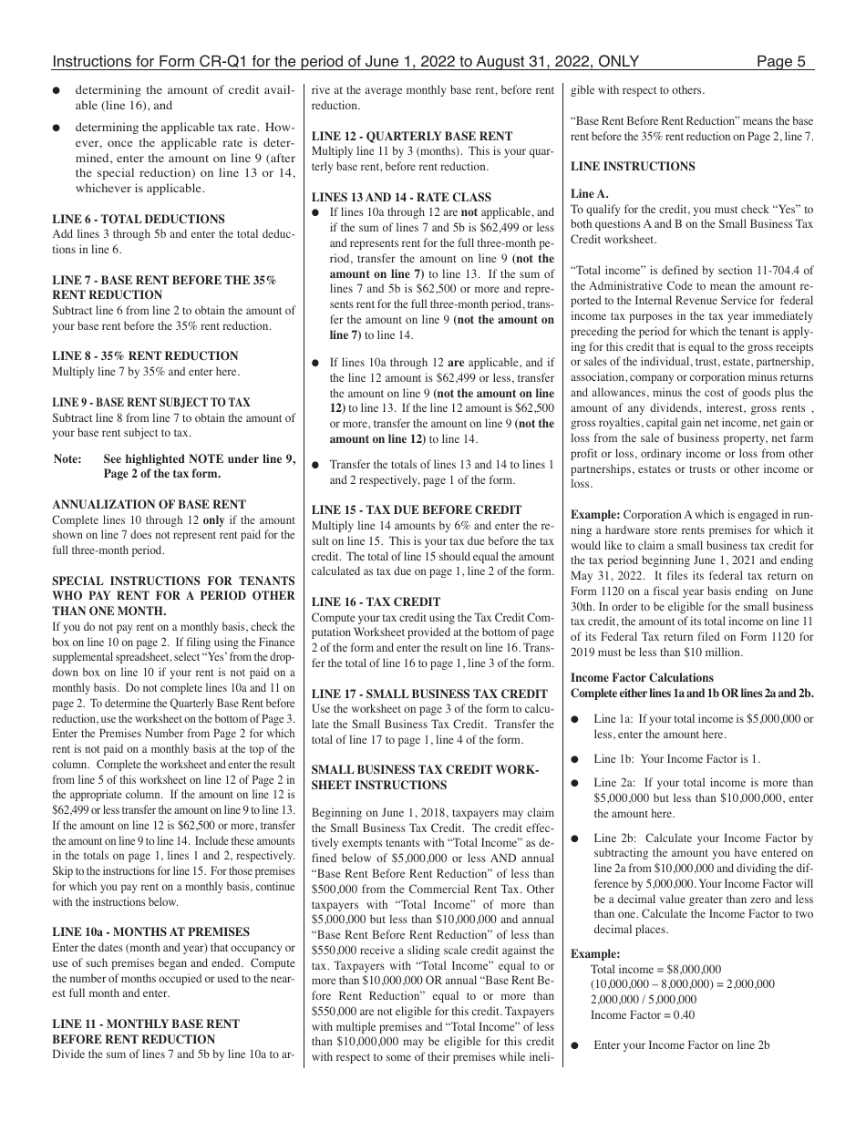 Instructions for Form CR-Q1 Commercial Rent Tax Return - 1st Quarter Return - New York City, Page 5