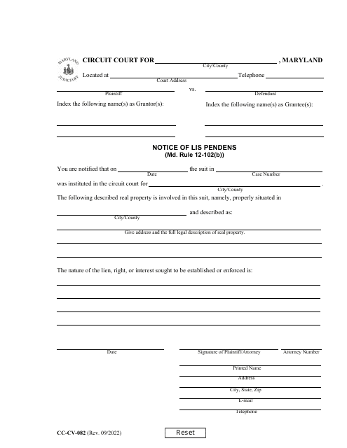 Form CC-CV-082 Notice of Lis Pendens - Maryland