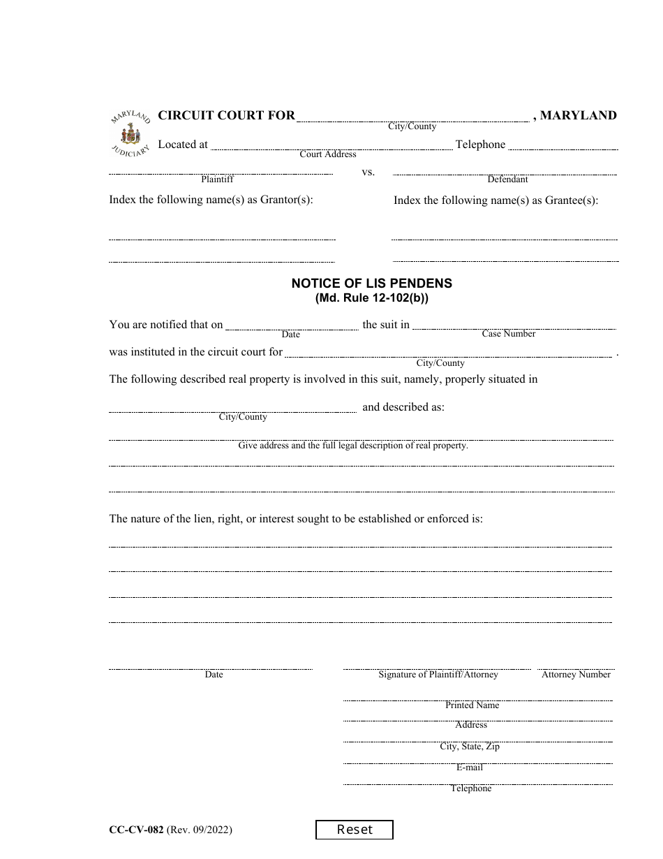 Form CC-CV-082 Notice of Lis Pendens - Maryland, Page 1