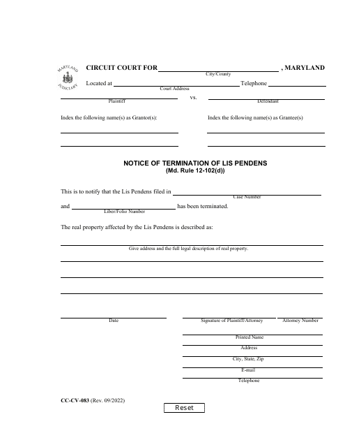 Form CC-CV-083 Notice of Termination of Lis Pendens - Maryland