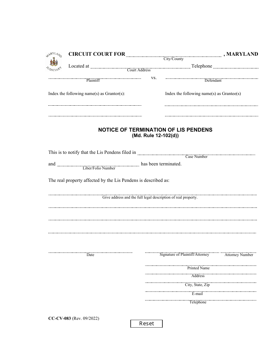Form CC-CV-083 Notice of Termination of Lis Pendens - Maryland, Page 1