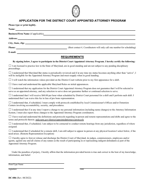 Form DC-086 Application for the District Court Appointed Attorney Program - Maryland