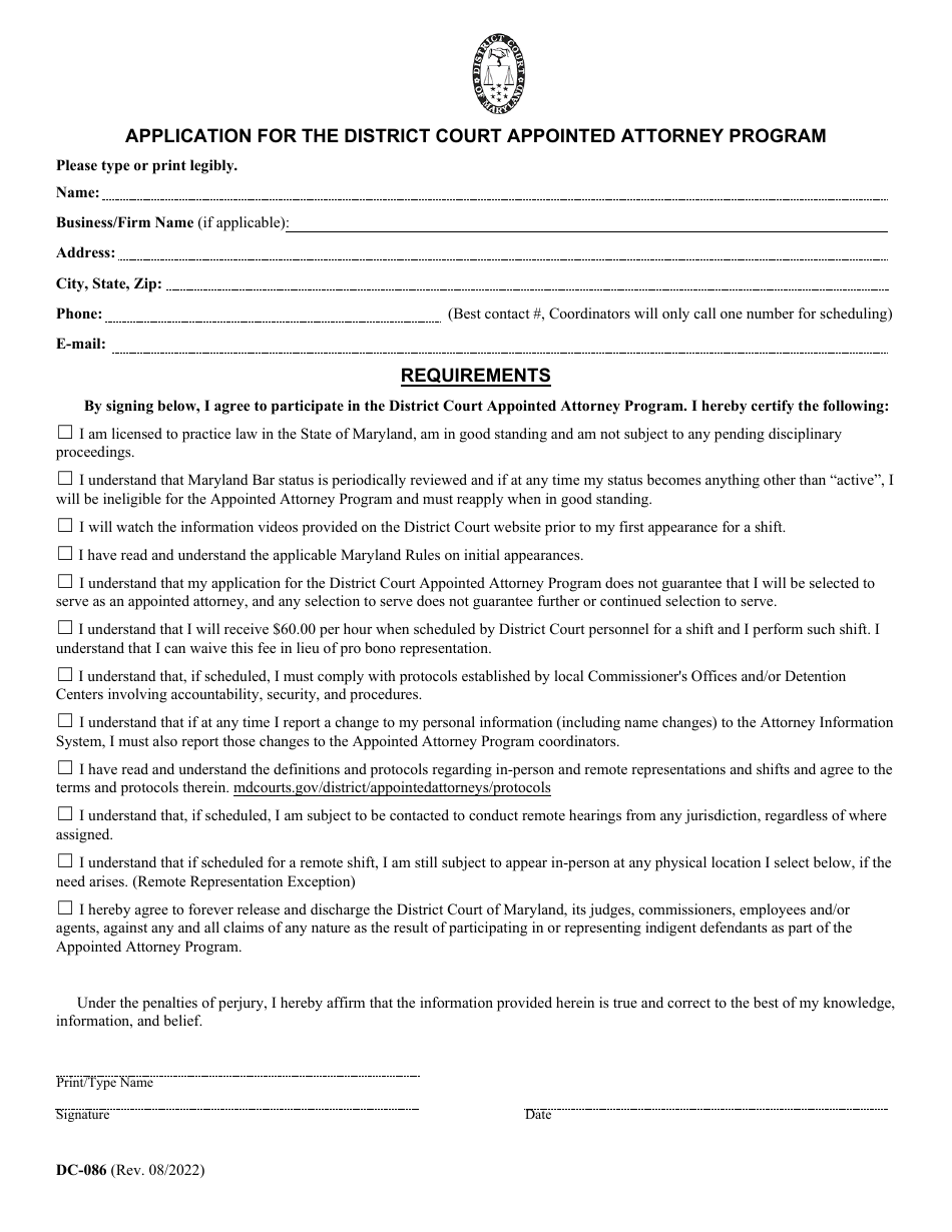 Form DC-086 Application for the District Court Appointed Attorney Program - Maryland, Page 1