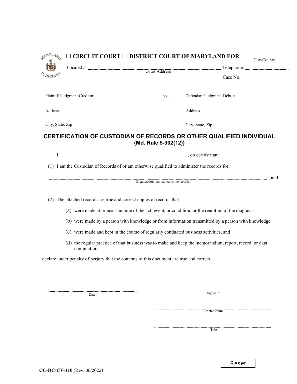 Form CC-DC-CV-110 Certification of Custodian of Records or Other Qualified Individual - Maryland, Page 1