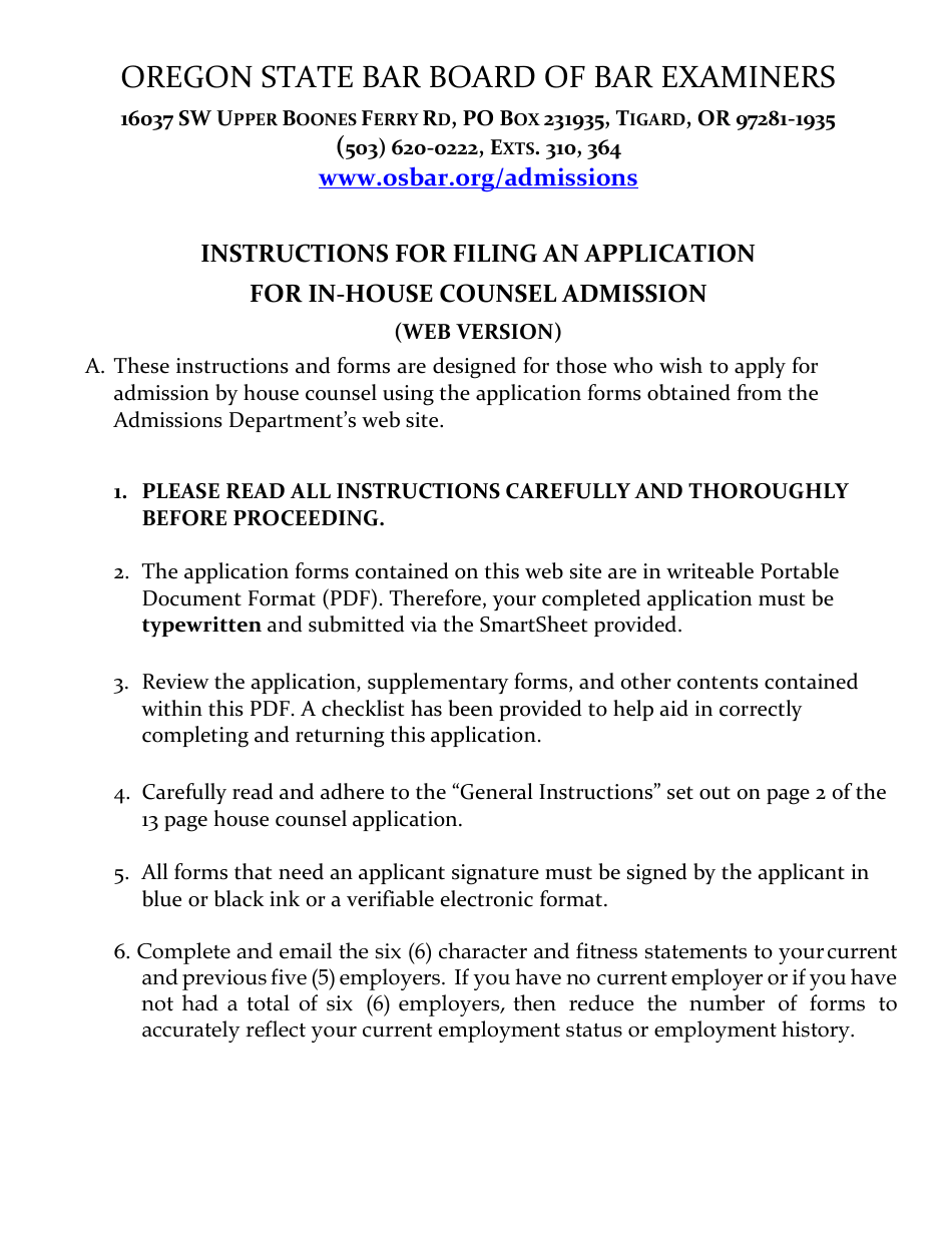 House Counsel Application - Oregon, Page 1