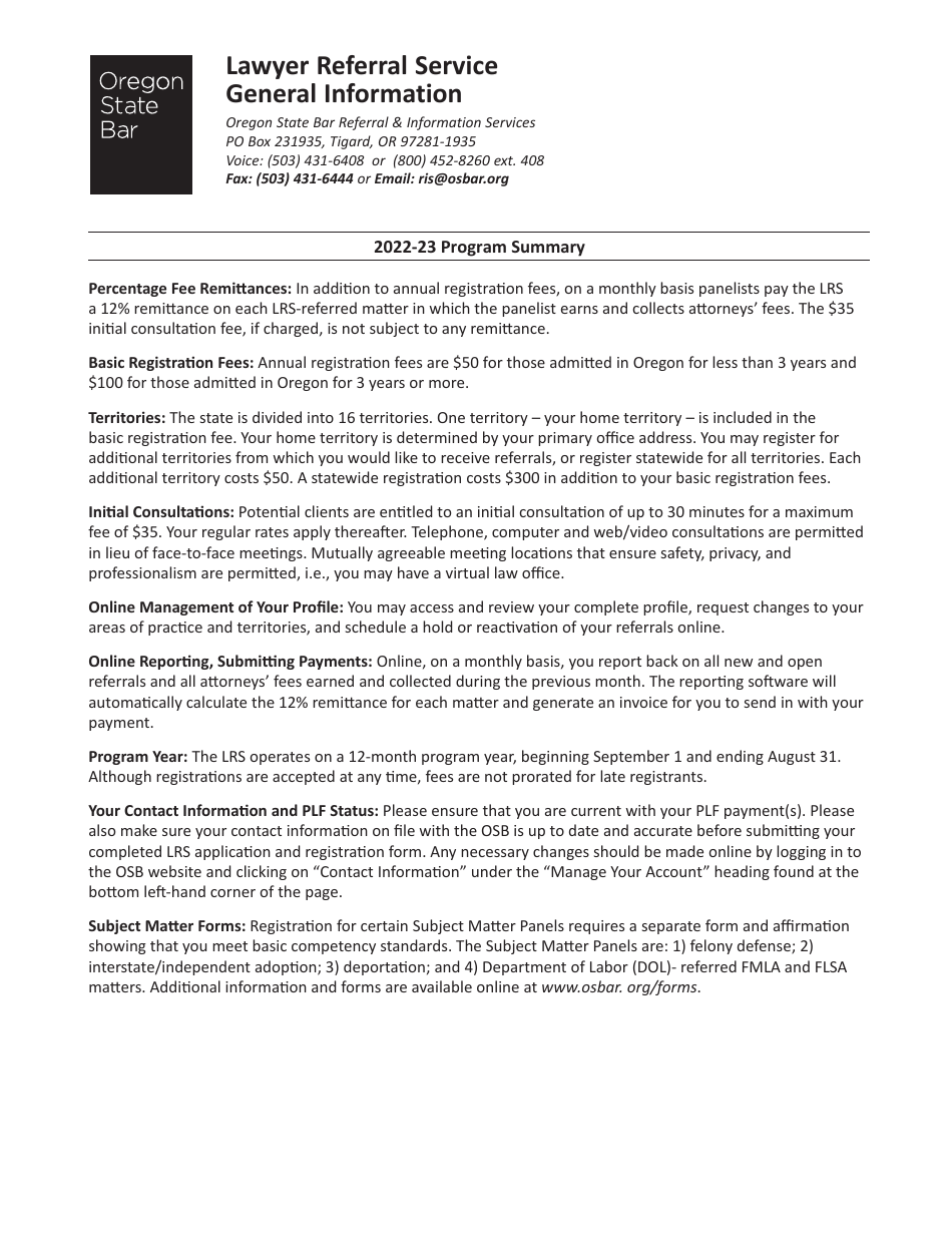 2023 Oregon Lawyer Referral Service Registration Form Fill Out, Sign Online and Download PDF