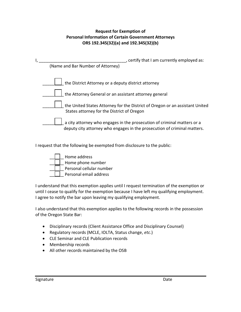 Request for Exemption of Personal Information of Certain Government Attorneys Ors 192.345(32)(A) and 192.345(32)(B) - Oregon, Page 2