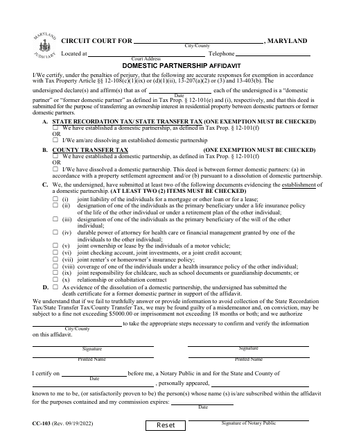 Form CC-103 Domestic Partnership Affidavit - Maryland