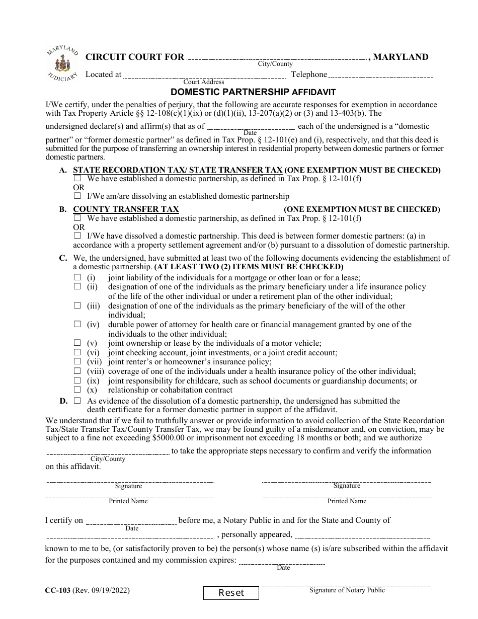 Form CC-103 Domestic Partnership Affidavit - Maryland, Page 1