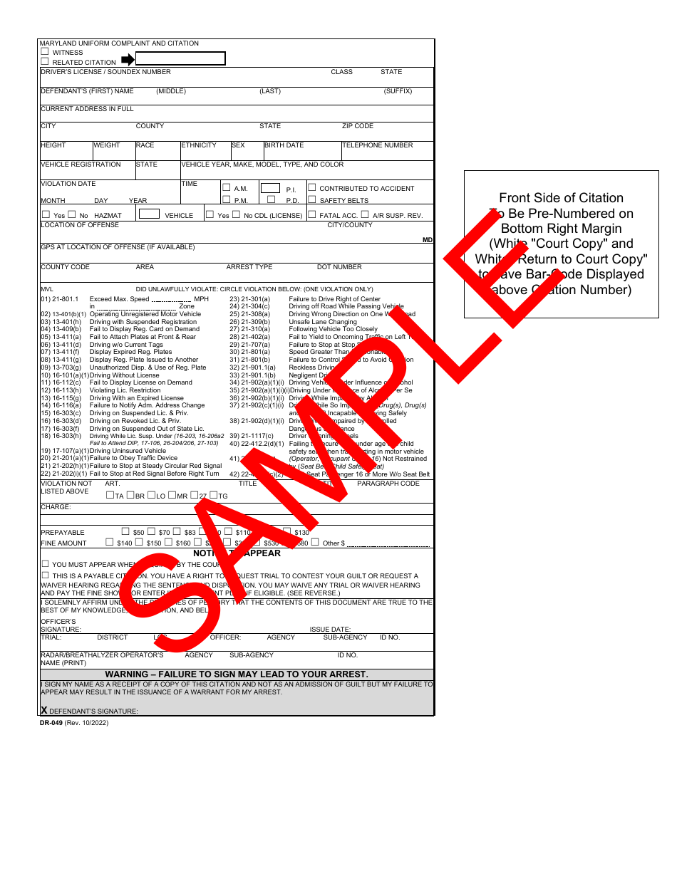 Form DR-049 Maryland Uniform Complaint and Citation - Sample - Maryland, Page 1
