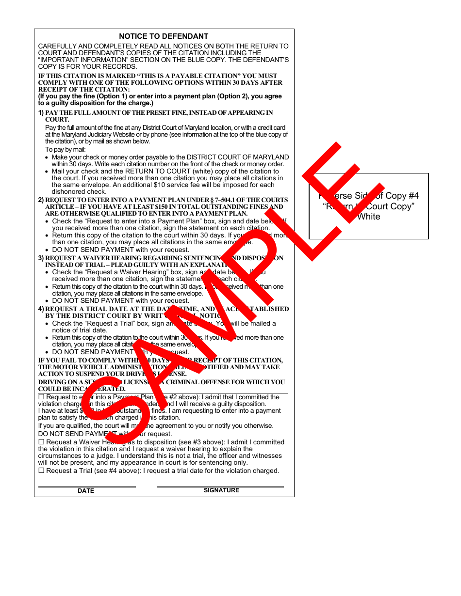 Form DR-049 Maryland Uniform Complaint and Citation - Sample - Maryland, Page 4