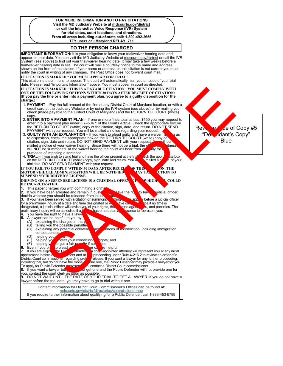Form DR-049 Maryland Uniform Complaint and Citation - Sample - Maryland, Page 5
