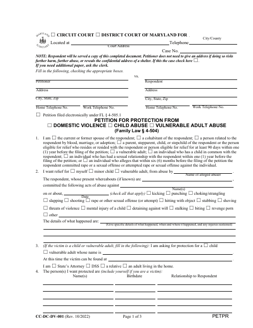 Form CC-DC-DV-001 Petition for Protection From Domestic Violence/Child Abuse/Vulnerable Adult Abuse - Maryland