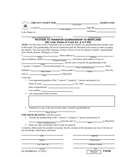 Form CC-GN-054 Petition to Transfer Guardianship to Maryland - Maryland