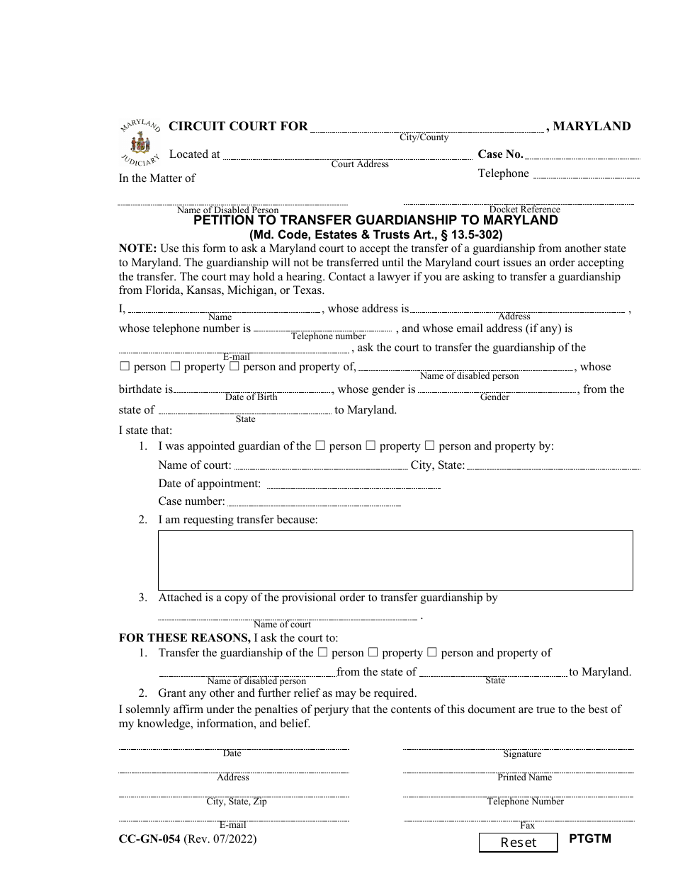 Form CC-GN-054 Petition to Transfer Guardianship to Maryland - Maryland, Page 1