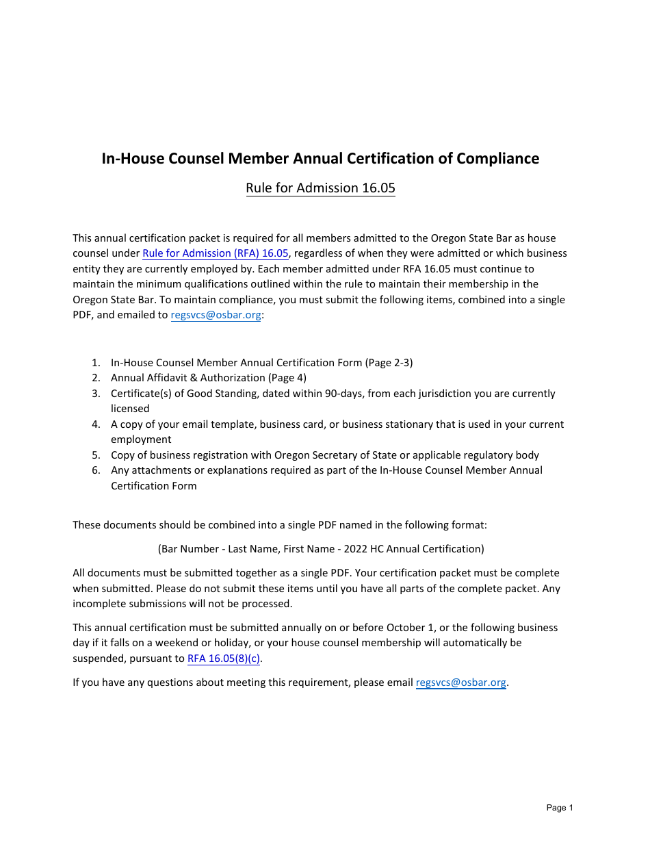In-house Counsel Member Annual Certification of Compliance - Oregon, Page 1
