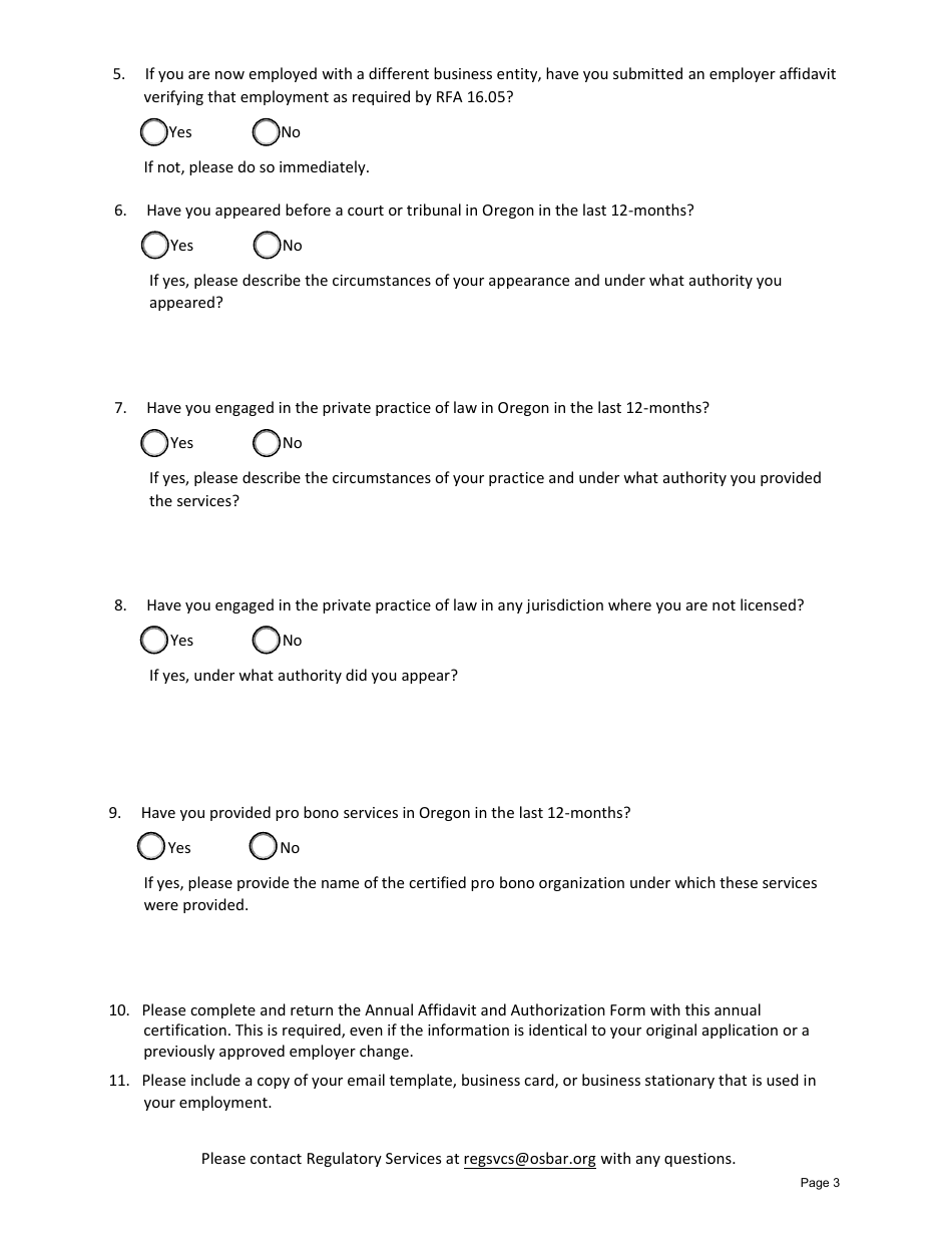 In-house Counsel Member Annual Certification of Compliance - Oregon, Page 3