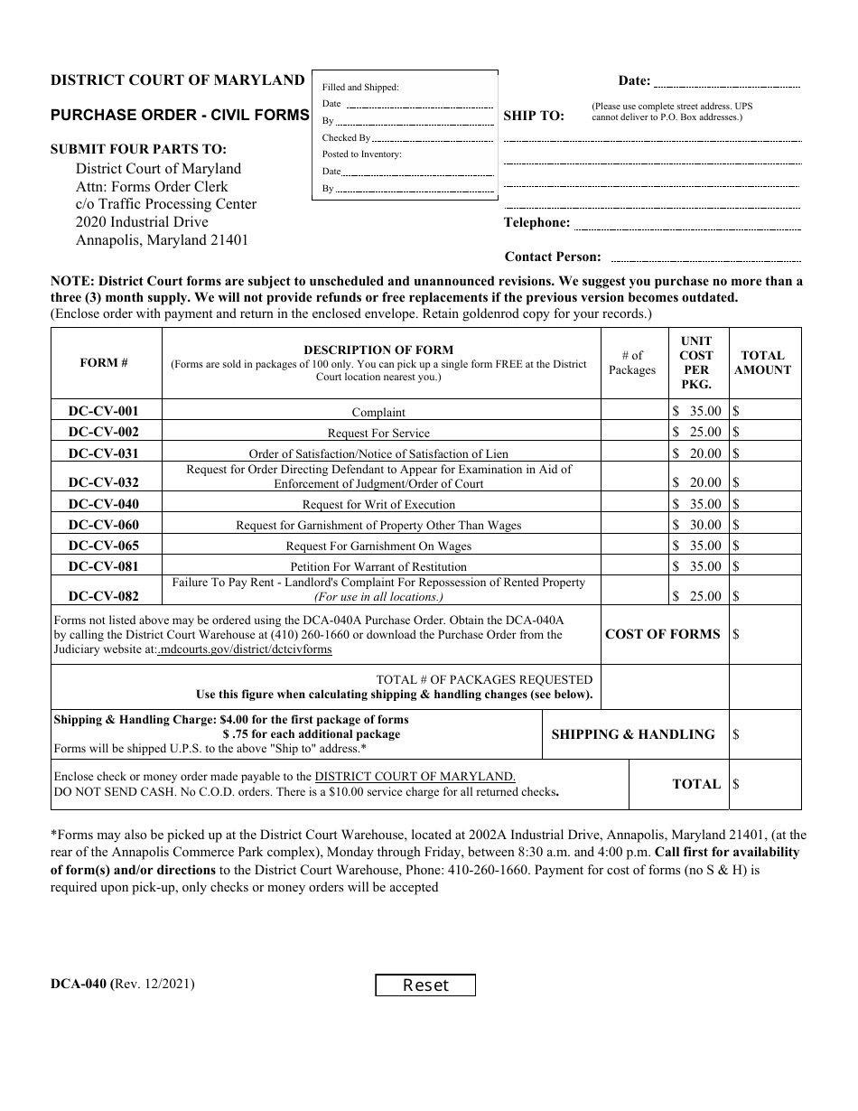 Form DCA-040 Purchase Order - Civil Forms - Maryland, Page 1