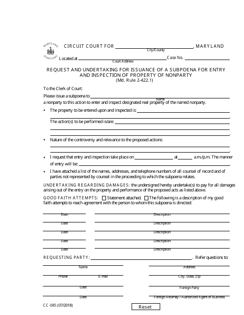 Form CC-085 Request and Undertaking for Issuance of a Subpoena for Entry and Inspection of Property of Nonparty - Maryland