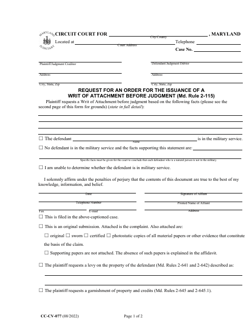 Form CC-CV-077 Request for an Order for the Issuance of a Writ of Attachment Before Judgment - Maryland