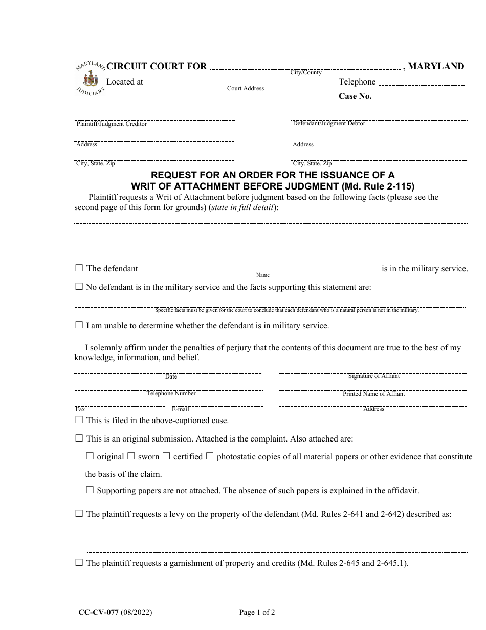 Form CC-CV-077 Request for an Order for the Issuance of a Writ of Attachment Before Judgment - Maryland, Page 1