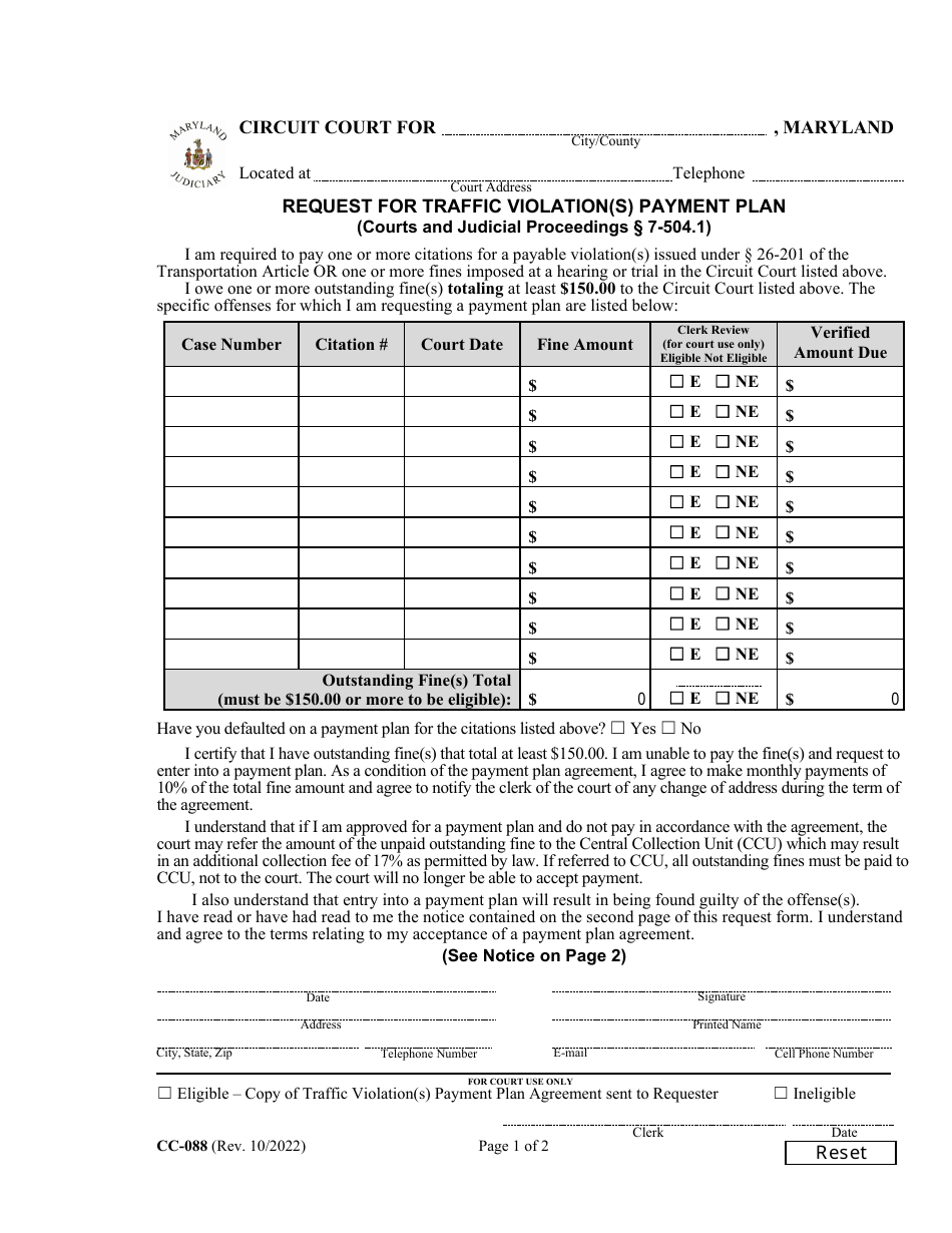 Form CC-088 Request for Traffic Violation(S) Payment Plan - Maryland, Page 1
