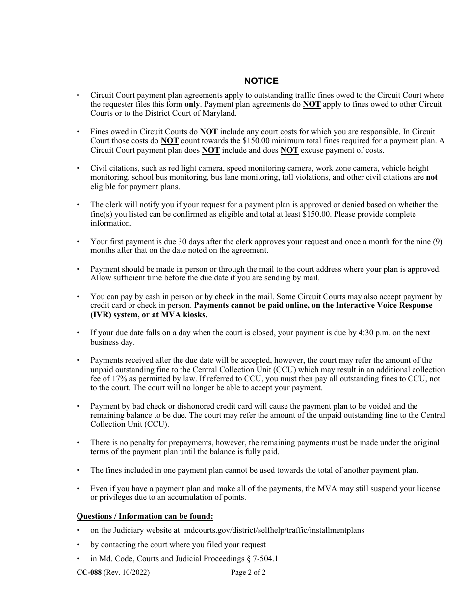 Form CC-088 Request for Traffic Violation(S) Payment Plan - Maryland, Page 2