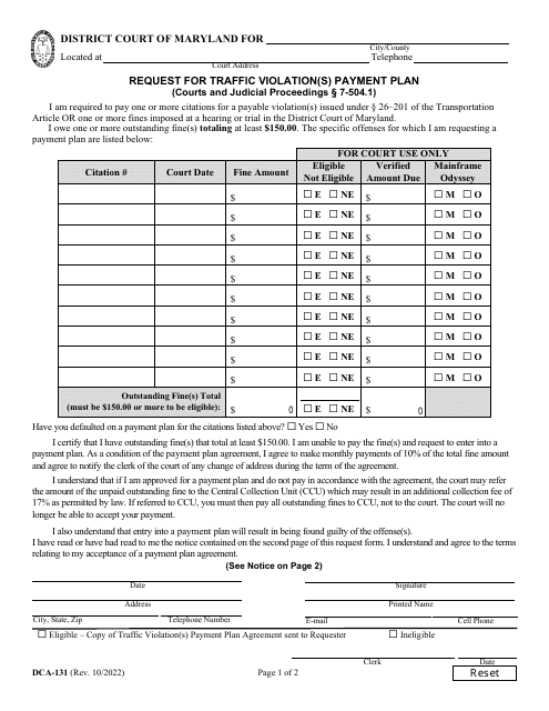 Form DCA-131 Request for Traffic Violation(S) Payment Plan - Maryland