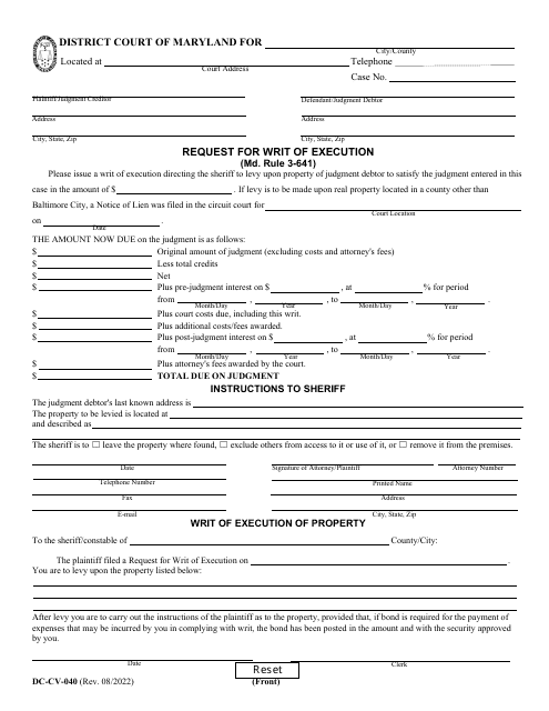 Form DC-CV-040 Request for Writ of Execution - Maryland