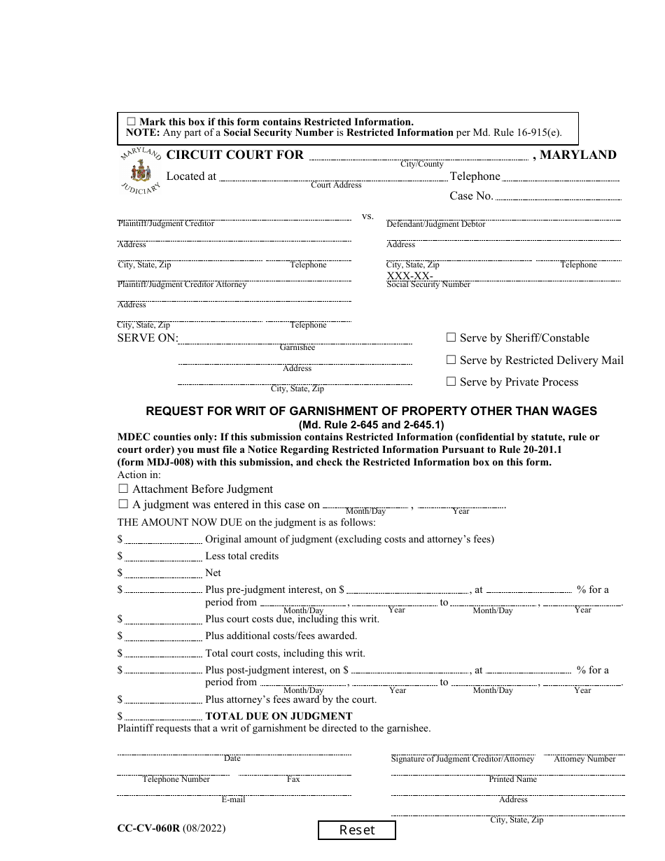 Form CC-CV-060R Request for Writ of Garnishment of Property Other Than Wages - Maryland, Page 1