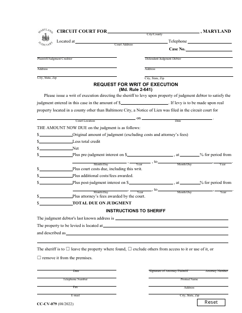 Form CC-CV-079 Request for Writ of Execution - Maryland