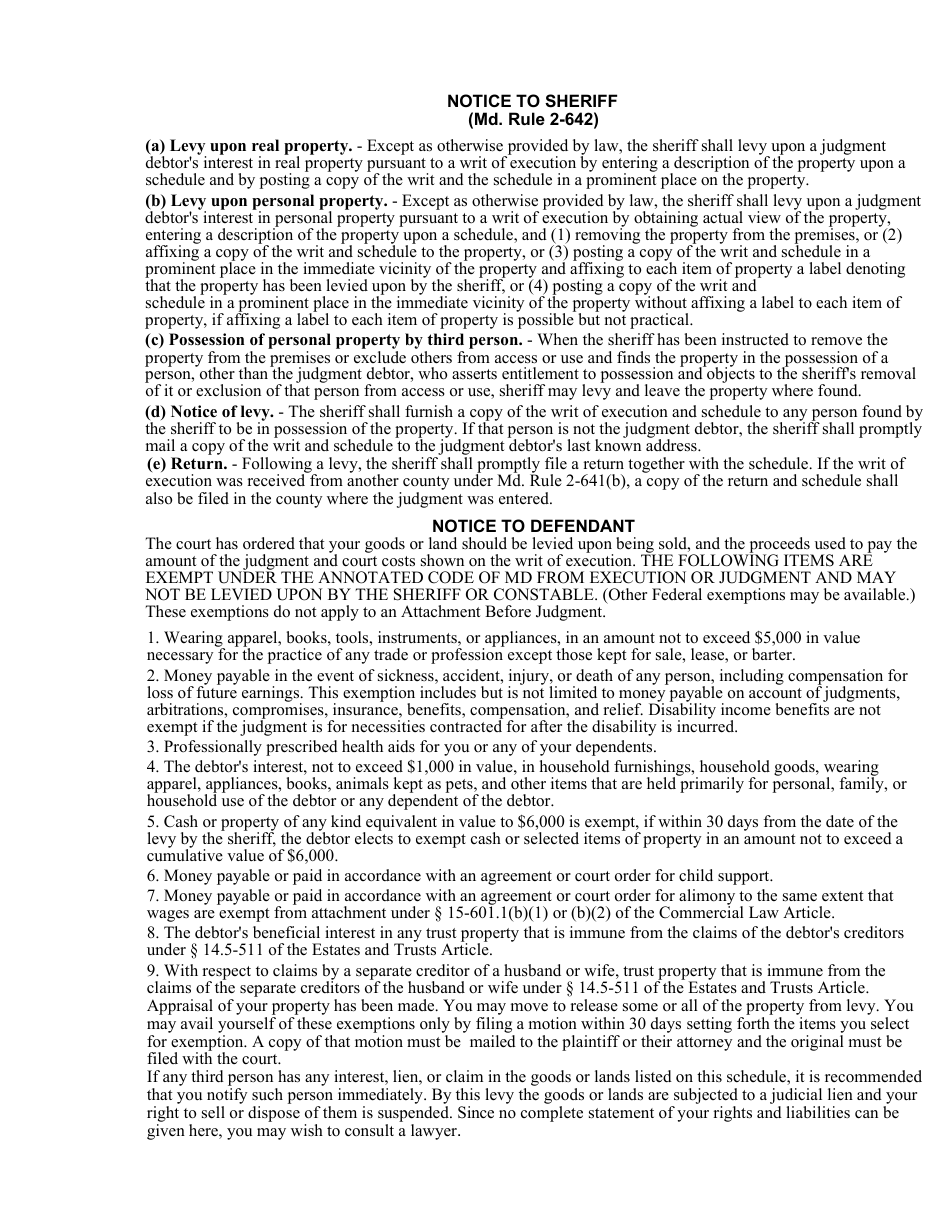 Form CC-CV-079 Request for Writ of Execution - Maryland, Page 2
