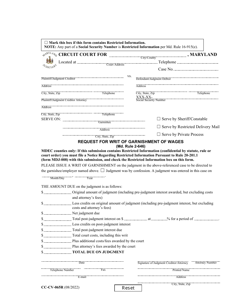 Form CC-CV-065R Request for Writ of Garnishment of Wages - Maryland, Page 1