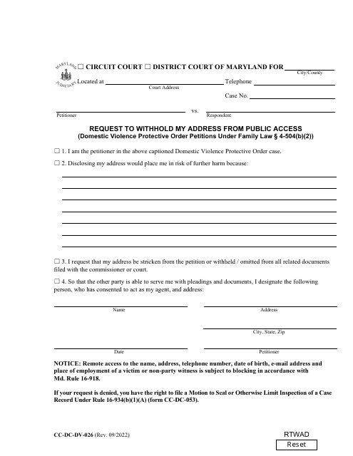 Form CC-DC-DV-026 Request to Withhold My Address From Public Access (Domestic Violence Protective Order Petitions Under Family Law 4-504(B)(2)) - Maryland