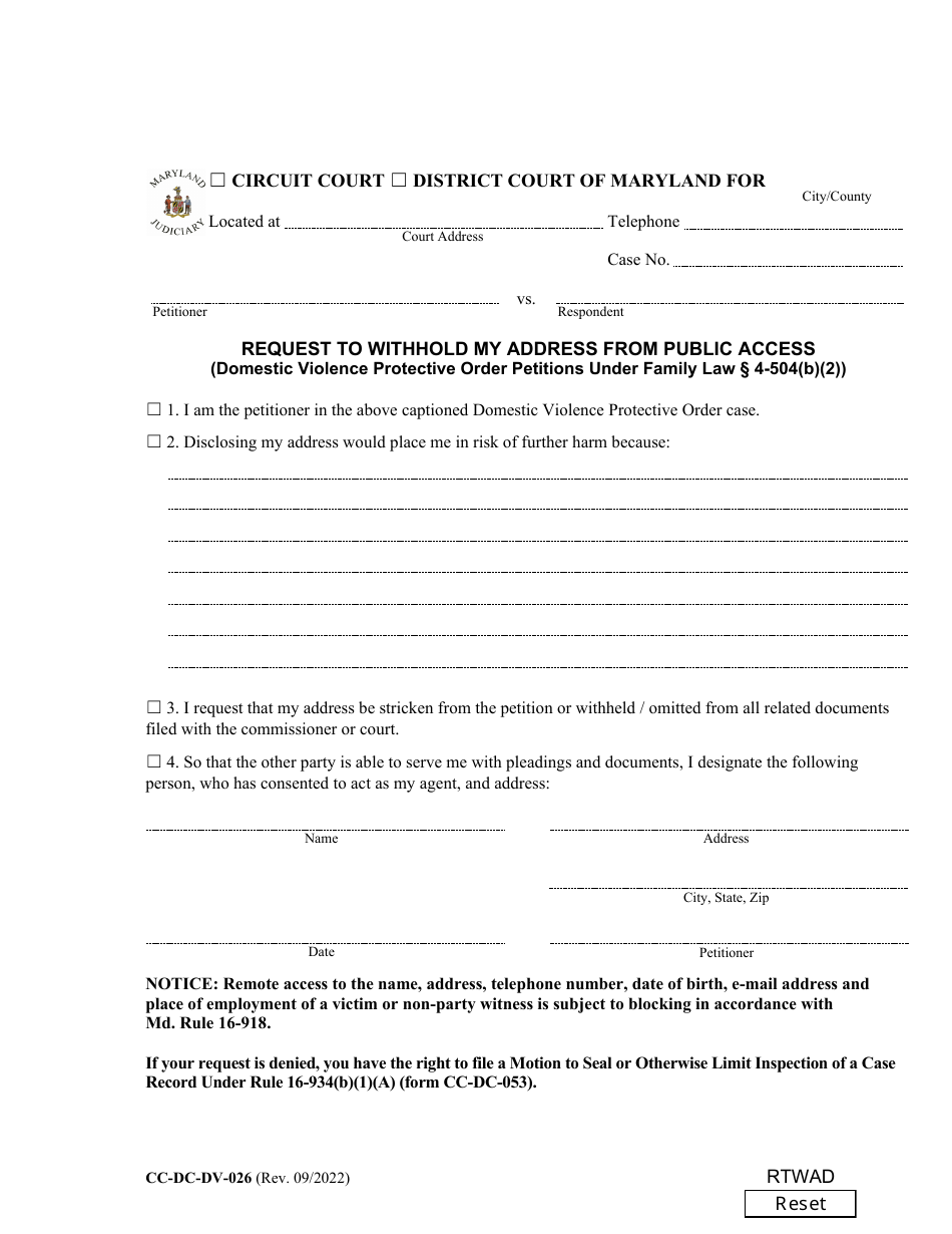 Form CC-DC-DV-026 Request to Withhold My Address From Public Access (Domestic Violence Protective Order Petitions Under Family Law 4-504(B)(2)) - Maryland, Page 1