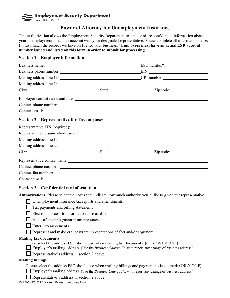 Form ID1200 Power of Attorney for Unemployment Insurance - Washington, Page 1