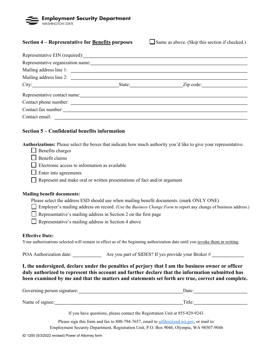 Form ID1200 Power of Attorney for Unemployment Insurance - Washington, Page 2