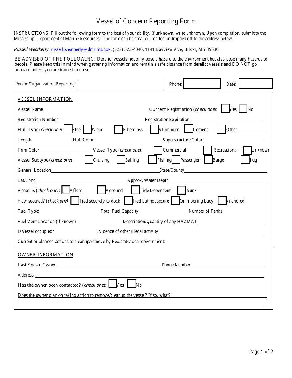 Vessel of Concern Reporting Form - Mississippi, Page 1