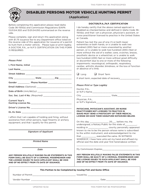 Form BA-116 Disabled Persons Motor Vehicle Hunting Permit Application - Idaho